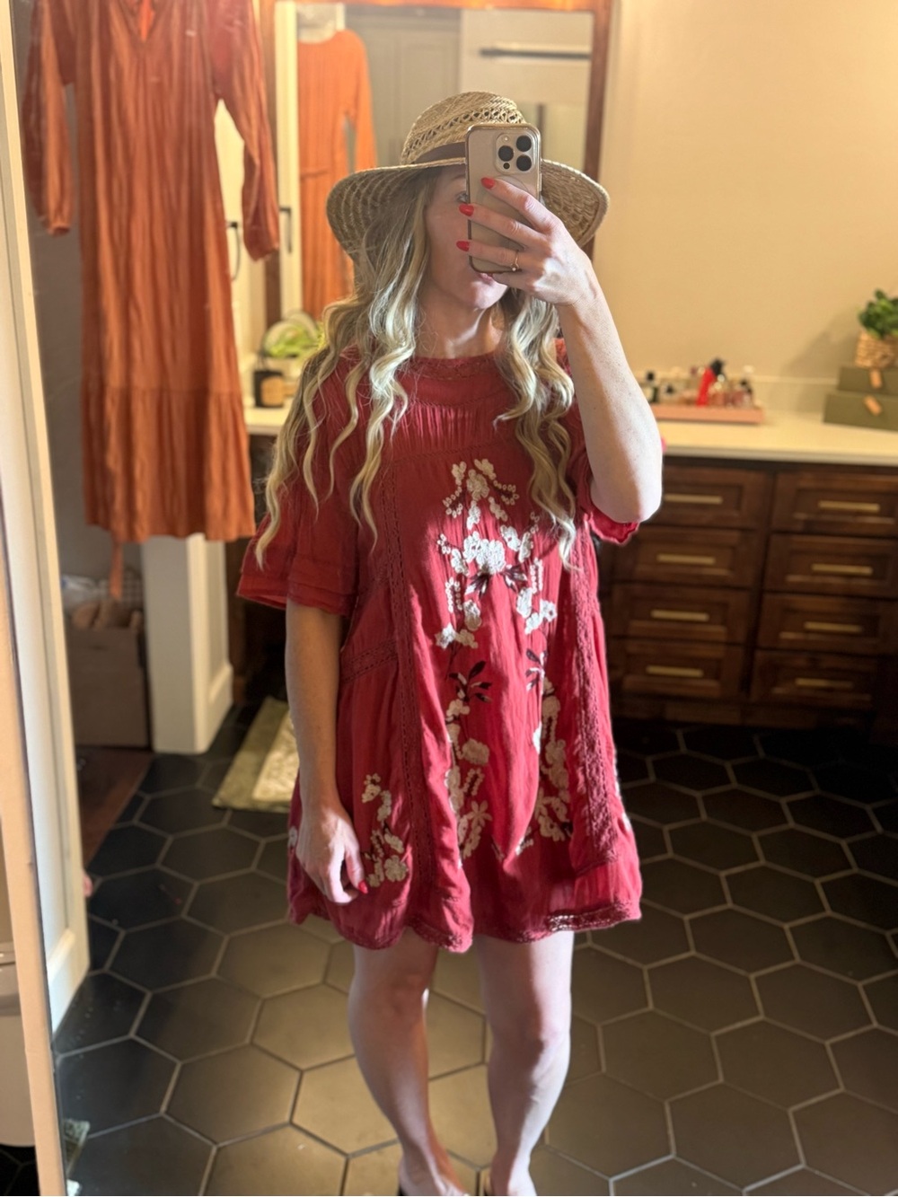 Free People Red Floral boho Embroidered Short Dress